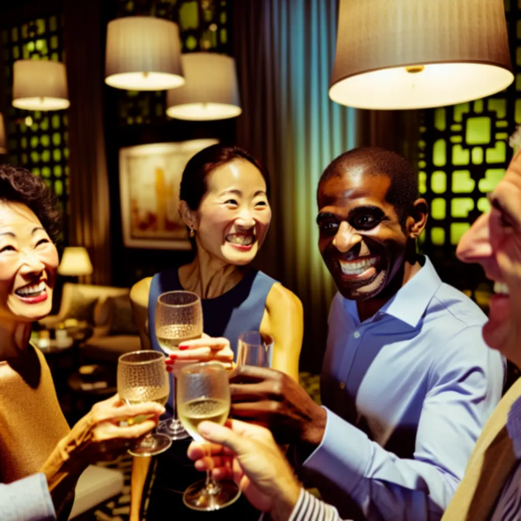 Grupa zadowolonych gości świętująca przy stoliku w 