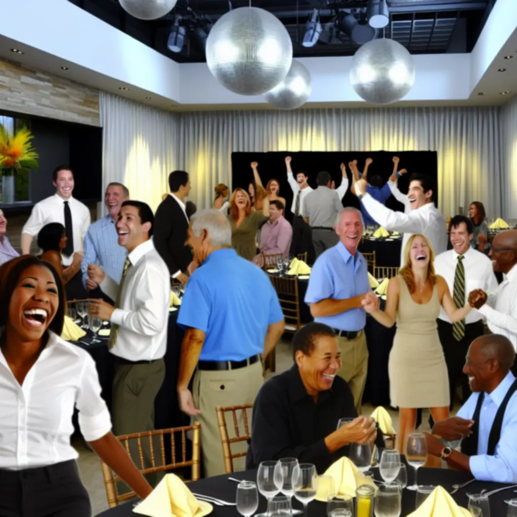 Grupa gości świętująca w eleganckiej sali 